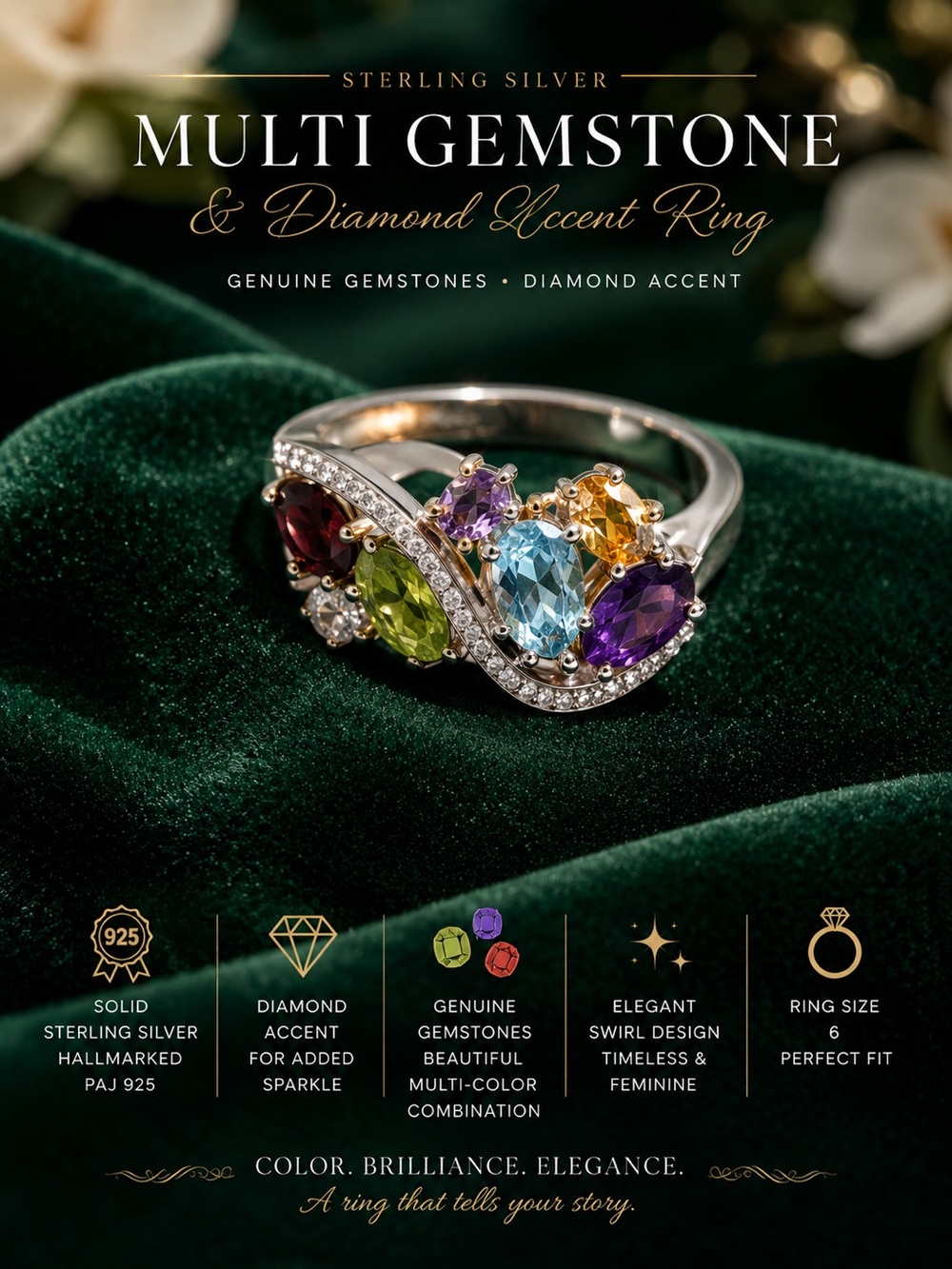 Sterling Silver Multi-Gemstone Ring - Multi Color